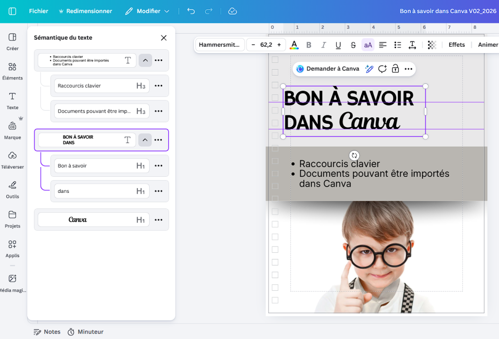 Interface Canva affichant le panneau “Sémantique du texte”, avec des titres H1 et H3 appliqués à un document “Bon à savoir dans Canva”, illustrant la structuration du contenu pour l’accessibilité.